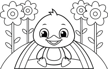 Cartoon Baby Chick with Big Eyes Surrounded by Flowers Outlined on White