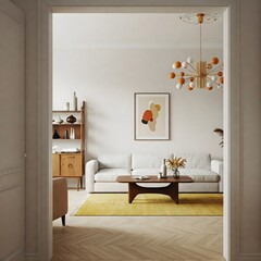 Stylish living room with a sculptural white sofa, wooden furniture, and abstract art. Warm tones and modern design create a sophisticated atmosphere.
