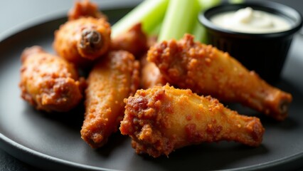 Fototapeta premium Fried Chicken Wings With Celery And Dip