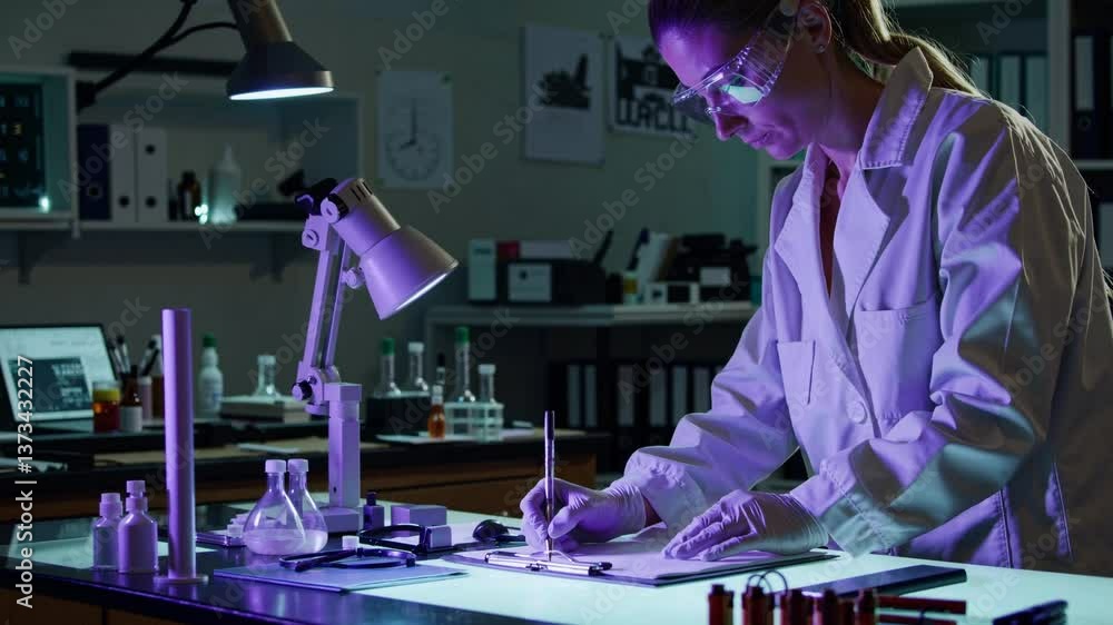Poster scientist conducting lab research with advanced technology in dimly lit laboratory setting