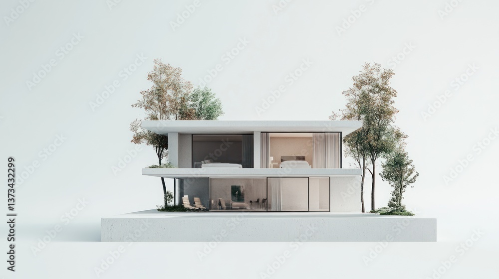 Poster modern minimalist house architectural model with trees.