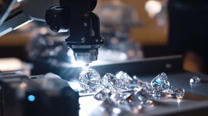 A robotics expert creating robotic arms for automated diamond processing, high-end jewelry workshop with robotic arms cutting and polishing diamonds, Luxury style