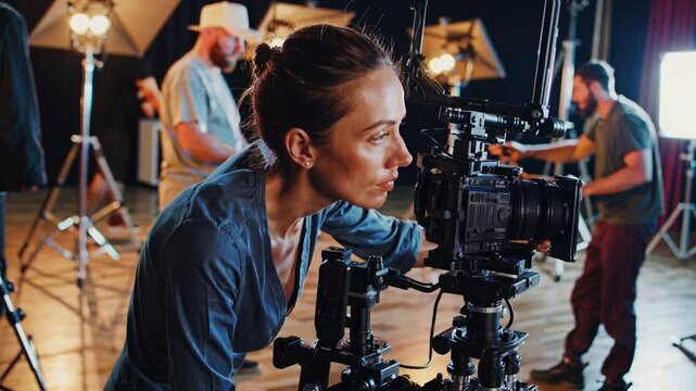Filmmaker adjusting camera on set with crew in background for professional production