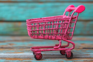 Pink miniature shopping cart with a weathered texture against an old turquoise wooden background