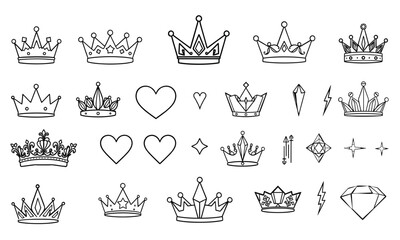 Crown illustrations featuring various designs, including ornate crowns, hearts, stars, and diamonds, perfect for creative projects and decorative purposes © RooftopStudioBangkok
