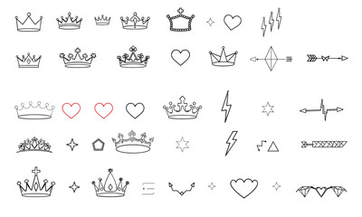 Crown illustrations featuring various designs, including simple crowns, hearts, and decorative elements. These icons can be used for creative projects, adding royal touch and emotional expression