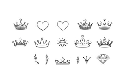 Elegant collection of crown and heart icons, featuring various designs including classic crowns, hearts, and diamonds, perfect for decorative purposes and graphic design projects