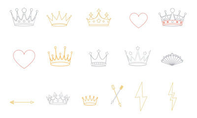 collection of various crown designs, hearts, and decorative elements, showcasing different styles and colors, perfect for royal themes and celebrations