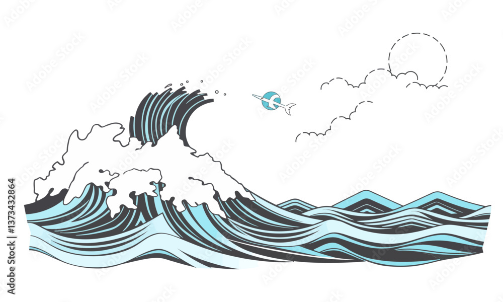 Poster stylized illustration of ocean waves features dynamic curves and frothy crests, with serene backgrou