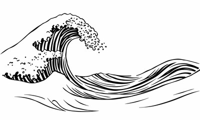 stylized illustration of wave, featuring intricate line work that captures movement and energy of ocean. design showcases cresting wave with detailed curls and foamy splashes, evoking sense of
