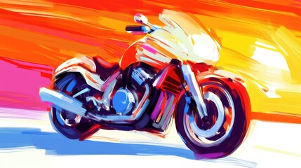 Expressive, colorful painting of a motorcycle against a vibrant sunset background