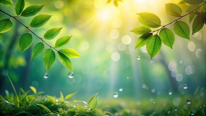 Serene Dawn Dew-Kissed Leaves Glistening in the Sun's Gentle Rays, a Peaceful Forest Scene