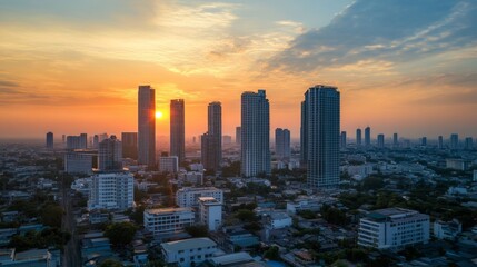 Fototapeta premium Sunset urban landscape city skyline aerial view bangkok thailand modern architecture golden hour
