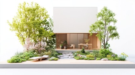 Modern minimalist house nestled in a lush garden with a serene patio.