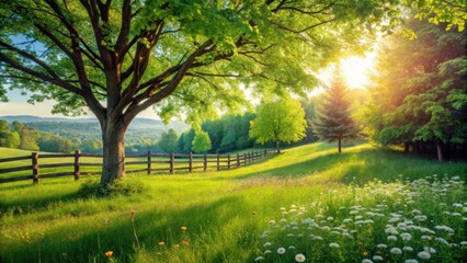 Obraz premium Serene Meadow Landscape Sunlit Pasture with Wooden Fence, Lush Green Trees, and Wildflowers in Bloom