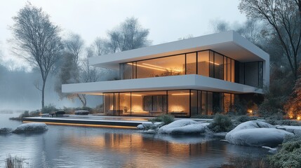 Obraz premium Modern, minimalist house on a snowy lake at dusk.