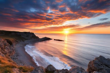 Fototapeta premium Dramatic colorful sunrise over rocky coast and ocean with breaking waves