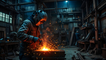 Intense metalwork in progress under dramatic lighting and flying sparks.
