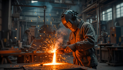 A skilled metalworker shaping molten metal in a fiery workshop.