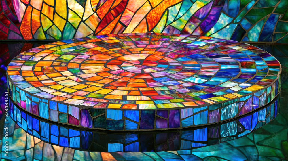 Poster vibrant circular podium made of colorful stained glass pieces reflects stunning array of hues, creat