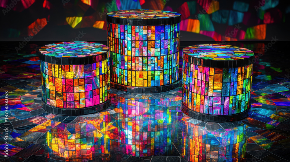Poster colorful mosaic tables create stunning visual display on podium, reflecting vibrant hues and intrica