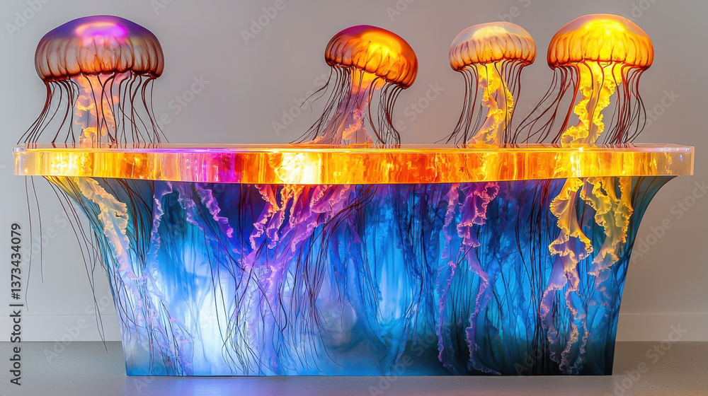 Poster stunning artistic display features vibrant podium illuminated with colorful jellyfish sculptures, cr
