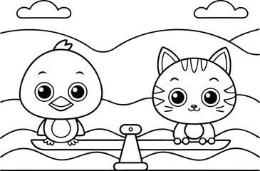 Cute Cartoon Bird and Cat on Seesaw, Line Art with Clouds and Hills, White Background