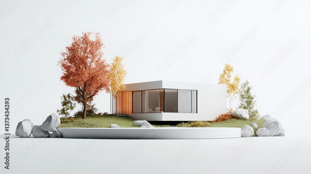 Aufkleber Modern minimalist house with autumn trees and rocks on a white platform.