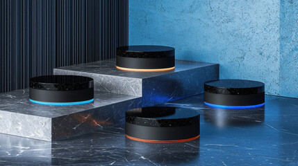 Modern product display on podium showcases sleek circular designs with vibrant lighting. elegant arrangement highlights innovative features and aesthetic appeal of each product