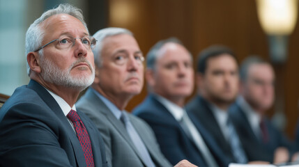 group of officials attentively listening during national defense budget meeting, showcasing