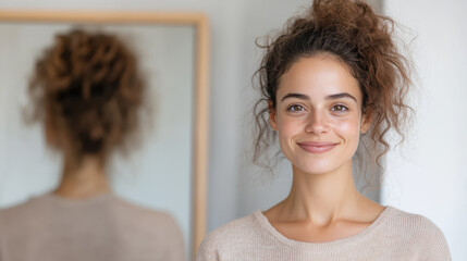 Fototapeta premium Smiling person in front of mirror, showcasing natural beauty and confidence