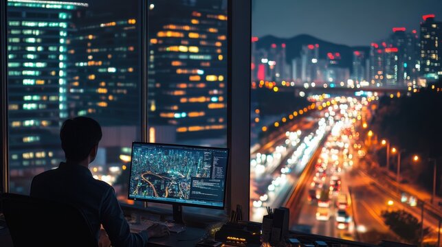 AI developer creating real time traffic prediction algorithms for smart cities, office with AI software and urban traffic data, Smart Tech style