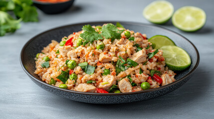 vibrant plate of Thai style fried rice featuring chicken, peas, and fresh herbs, garnished with