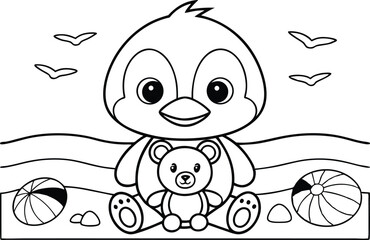 Cartoon Penguin with Teddy Bear on Beach, Seaside Landscape with Transparent Background