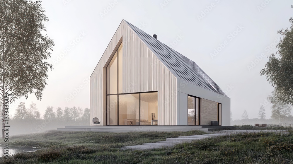 Poster modern minimalist house with large windows overlooking a foggy landscape.