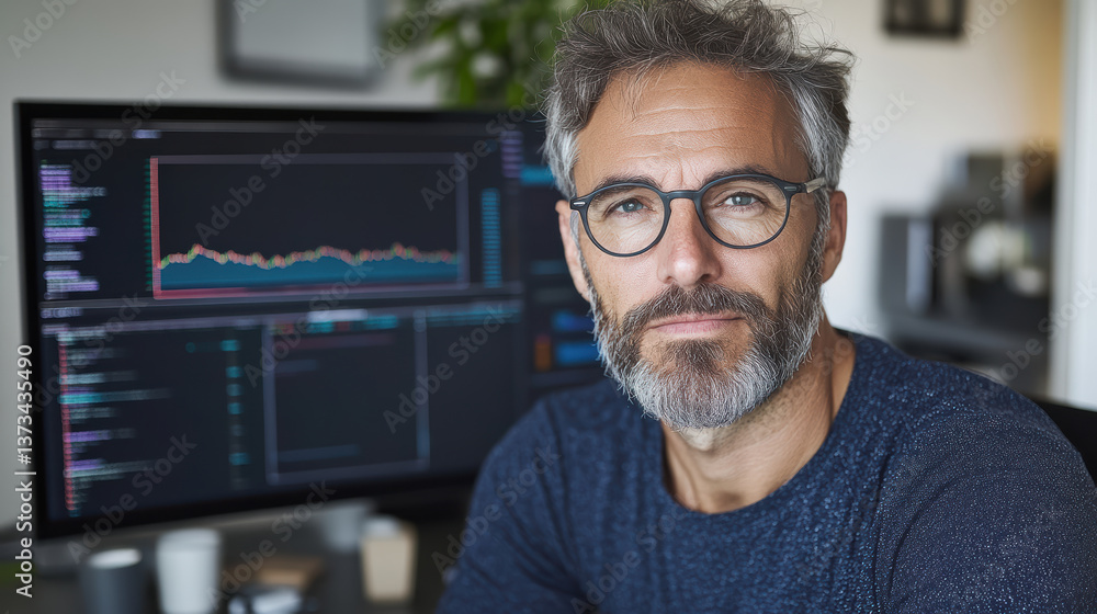 Poster professional man with glasses analyzing data on computer screen, showcasing focus and expertise