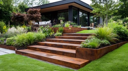 Corten steel stairs connecting different levels in a modern garden