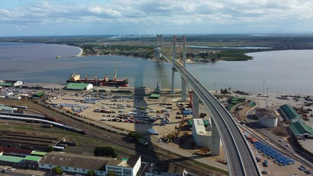 Aerial view approaching the Maputo&ndash;Katembe bridge, sunny day in Mozambique
