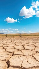 Dry cracked earth under a bright blue sky with fluffy clouds, depicting a desolate and arid landscape.