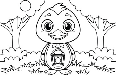 Cartoon Duckling Outline with Christmas Ornament, Forest Trees, Bushes, Transparent