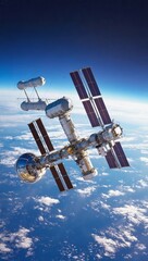Futuristic Space Station with Unique Spherical Modules Orbiting Over Cloudy Earth - made with Generative AI