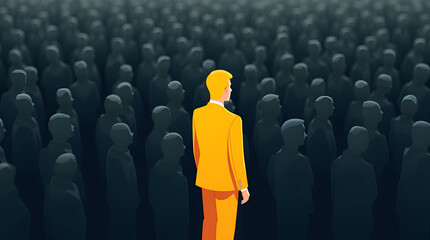 A single standout yellow figure amidst dark, uniform figures, visually expressing confidence, leadership, and being different from the crowd.