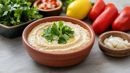 Creamy hummus garnished with fresh parsley, surrounded by vibrant vegetables and herbs