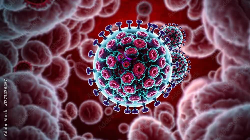 Poster microscopic view of virus particles moving through bloodstream with cellular interaction