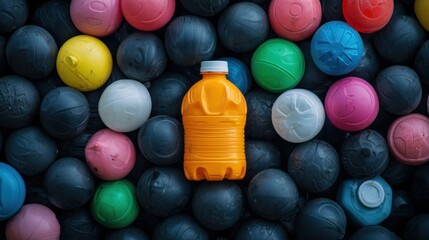 A bright orange bottle stands out among a colorful array of round balls, creating a striking visual contrast.