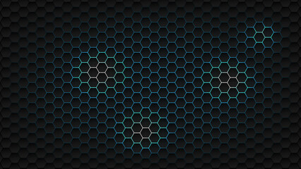 Abstract Hexagon Structure: Dark Gray Digital Pattern with Blue Light Accents
