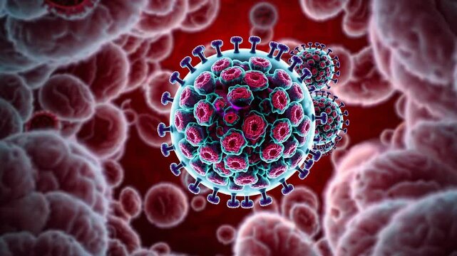 Microscopic view of virus particles moving through bloodstream with cellular interaction