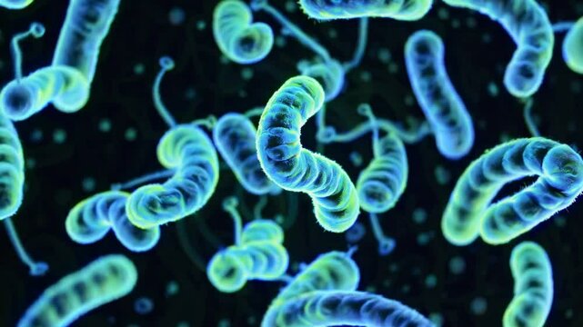 Vibrant microscopic bacteria floating in fluid motion under dark background