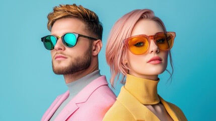 Two stylish individuals wear trendy sunglasses against a vibrant blue background, showcasing modern fashion and bold colors.