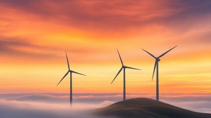 Obraz premium Wind turbines silhouetted against a vibrant sunset, surrounded by clouds, symbolizing renewable energy and sustainability.